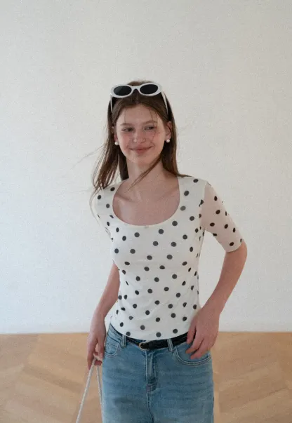 Polka Dot Sheer Sleeve Cropped T Shirt