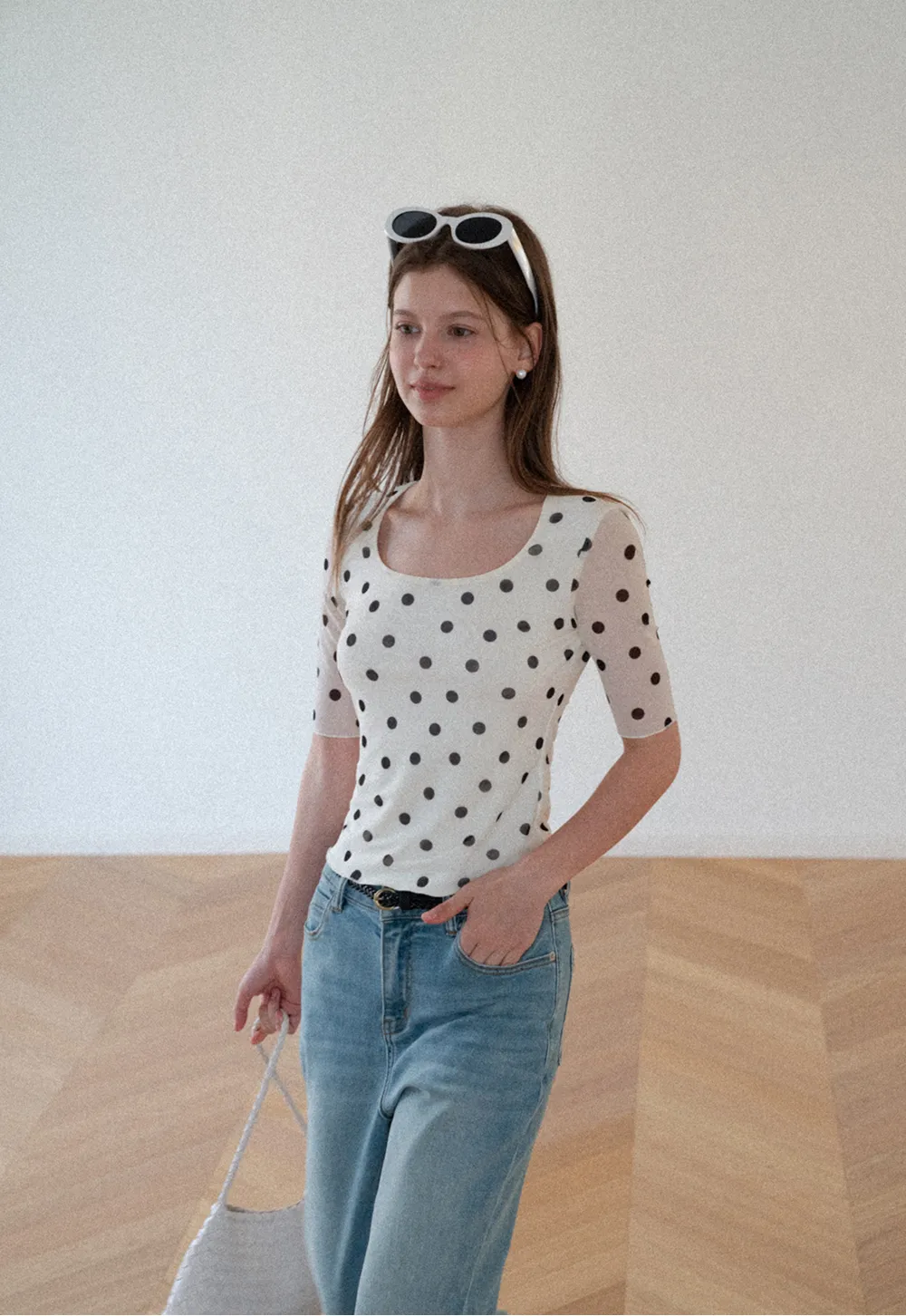 Polka Dot Sheer Sleeve Cropped T Shirt