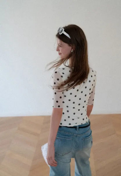 Polka Dot Sheer Sleeve Cropped T Shirt
