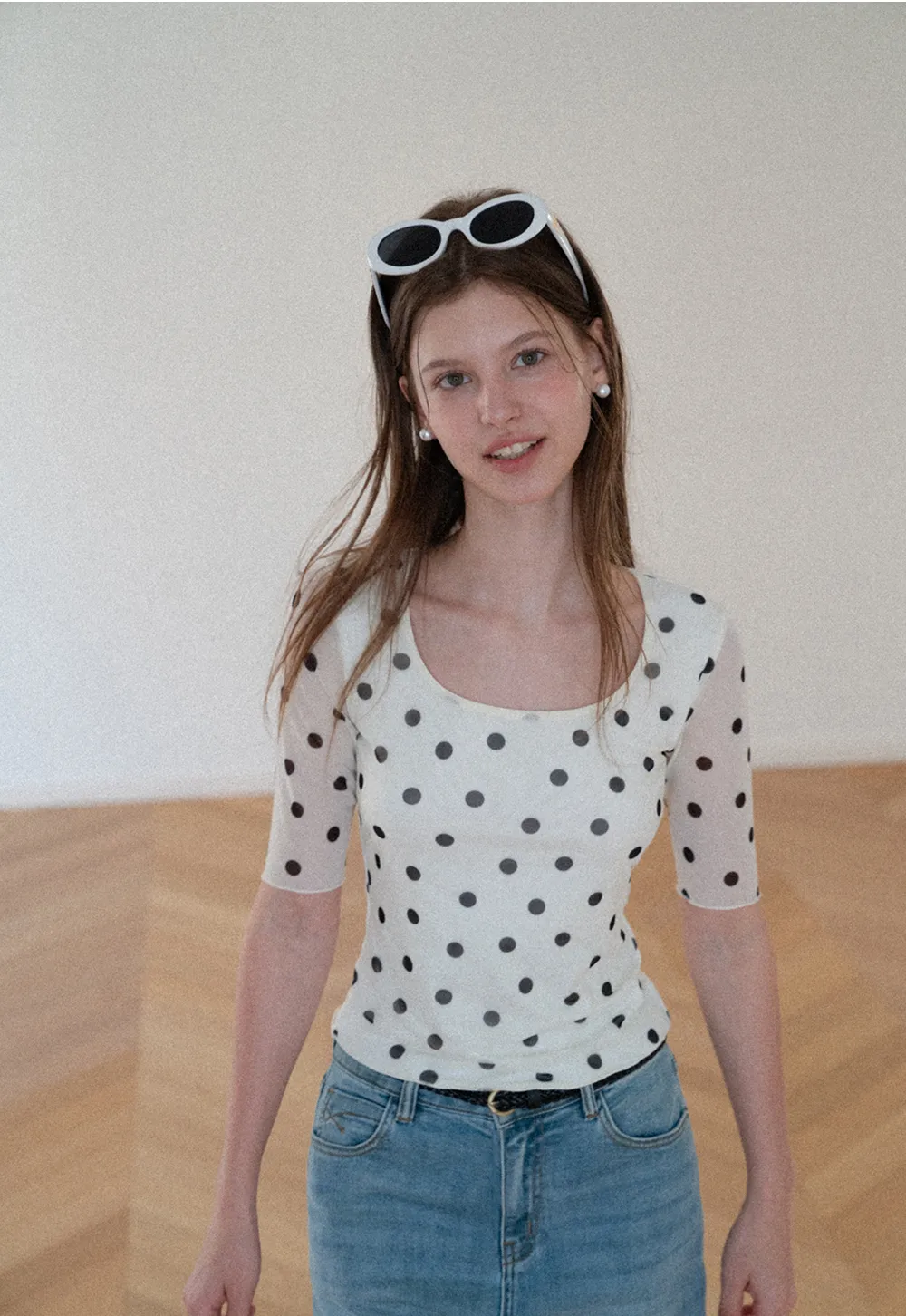 Polka Dot Sheer Sleeve Cropped T Shirt