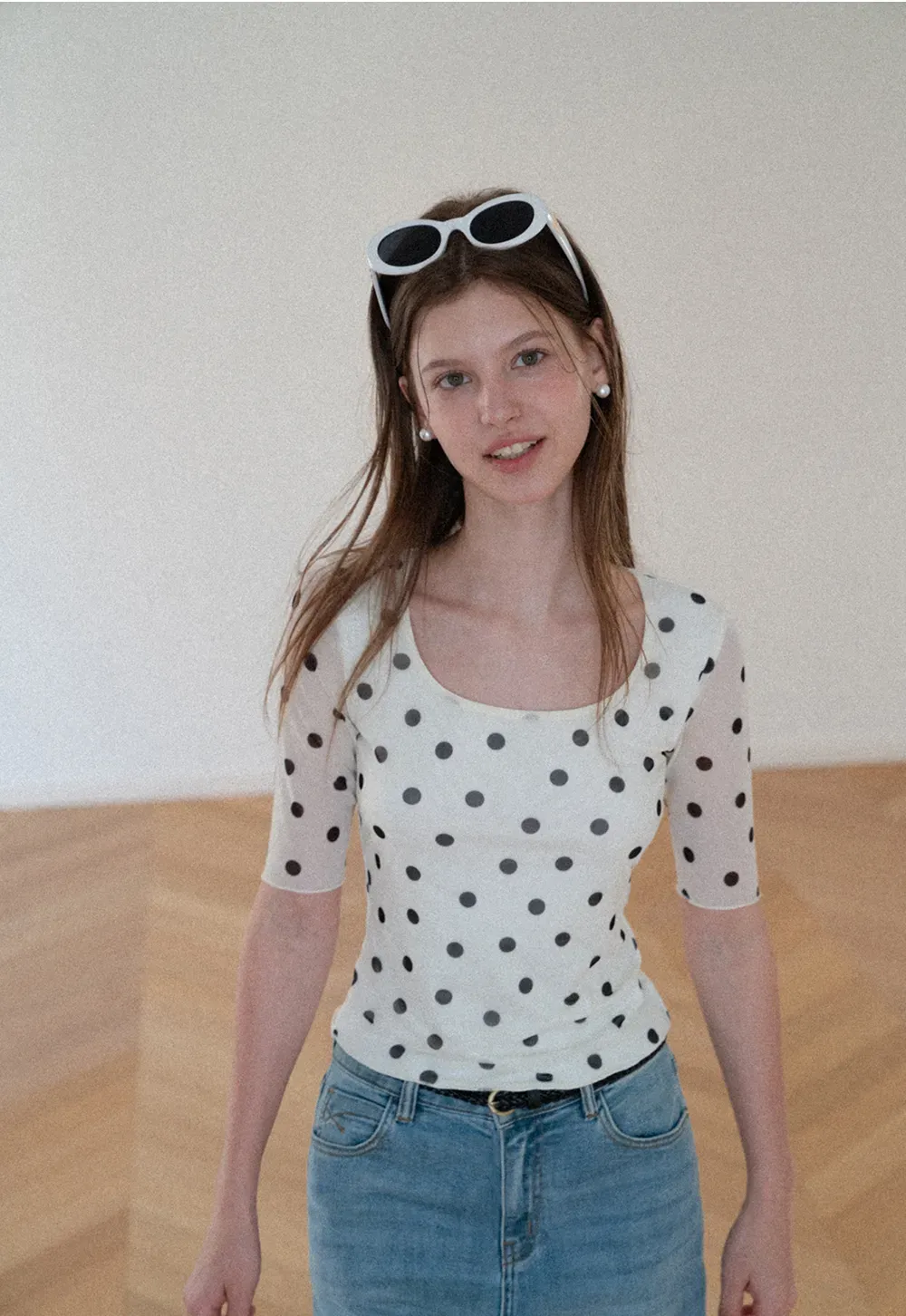 Polka Dot Sheer Sleeve Cropped T Shirt
