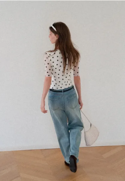 Polka Dot Sheer Sleeve Cropped T Shirt