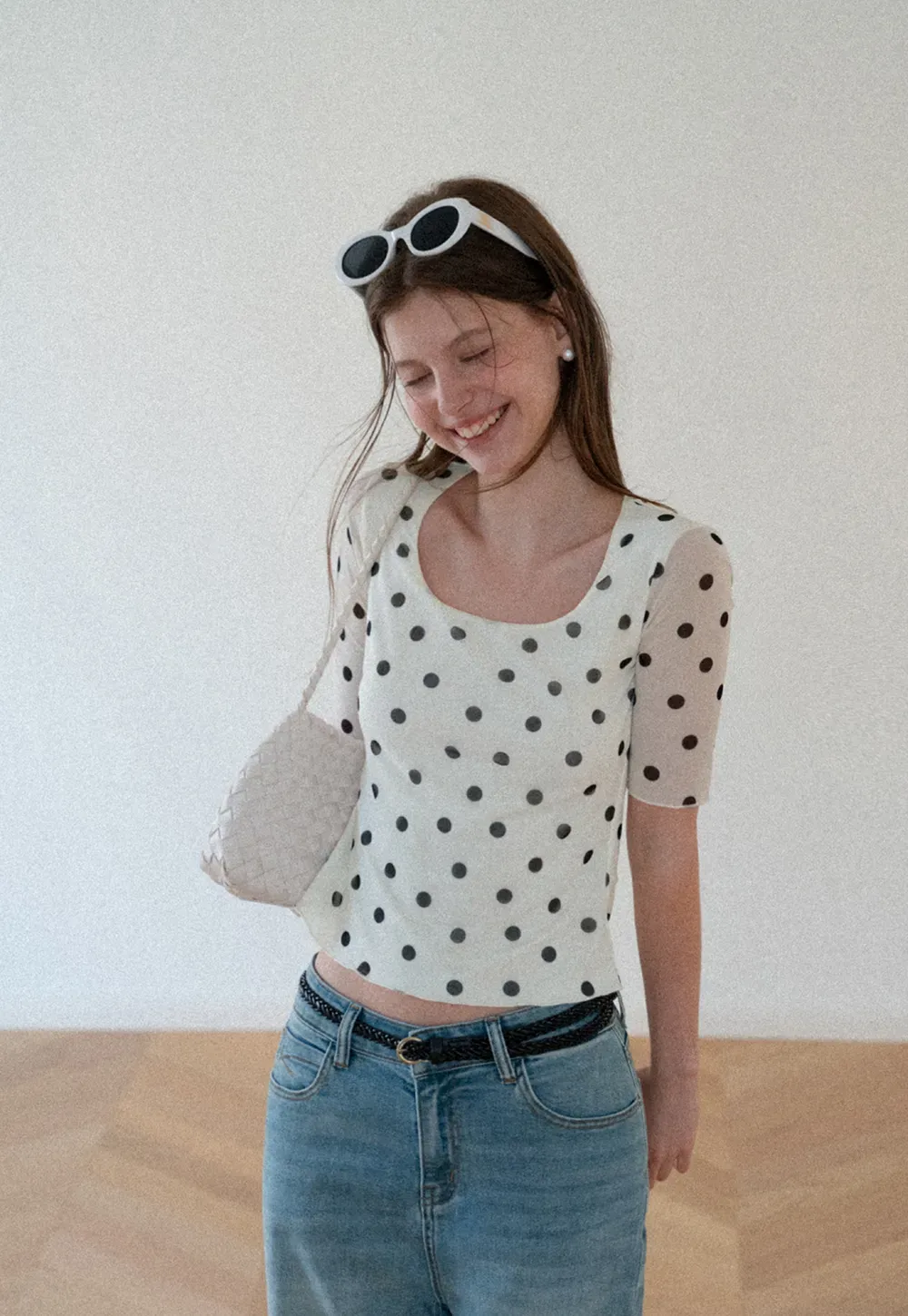 Polka Dot Sheer Sleeve Cropped T Shirt