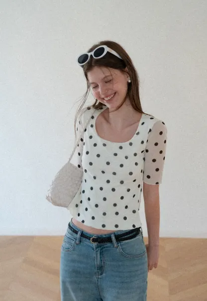 Polka Dot Sheer Sleeve Cropped T Shirt