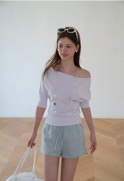 Off Shoulder Cropped Ribbed Knit T Shirt
