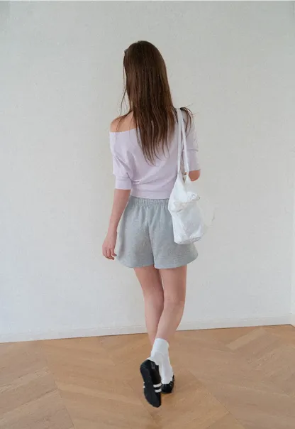 Off Shoulder Cropped Ribbed Knit T Shirt