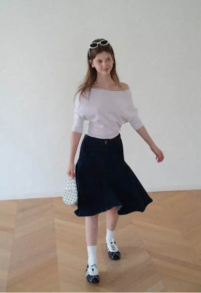 Off Shoulder Cropped Ribbed Knit T Shirt