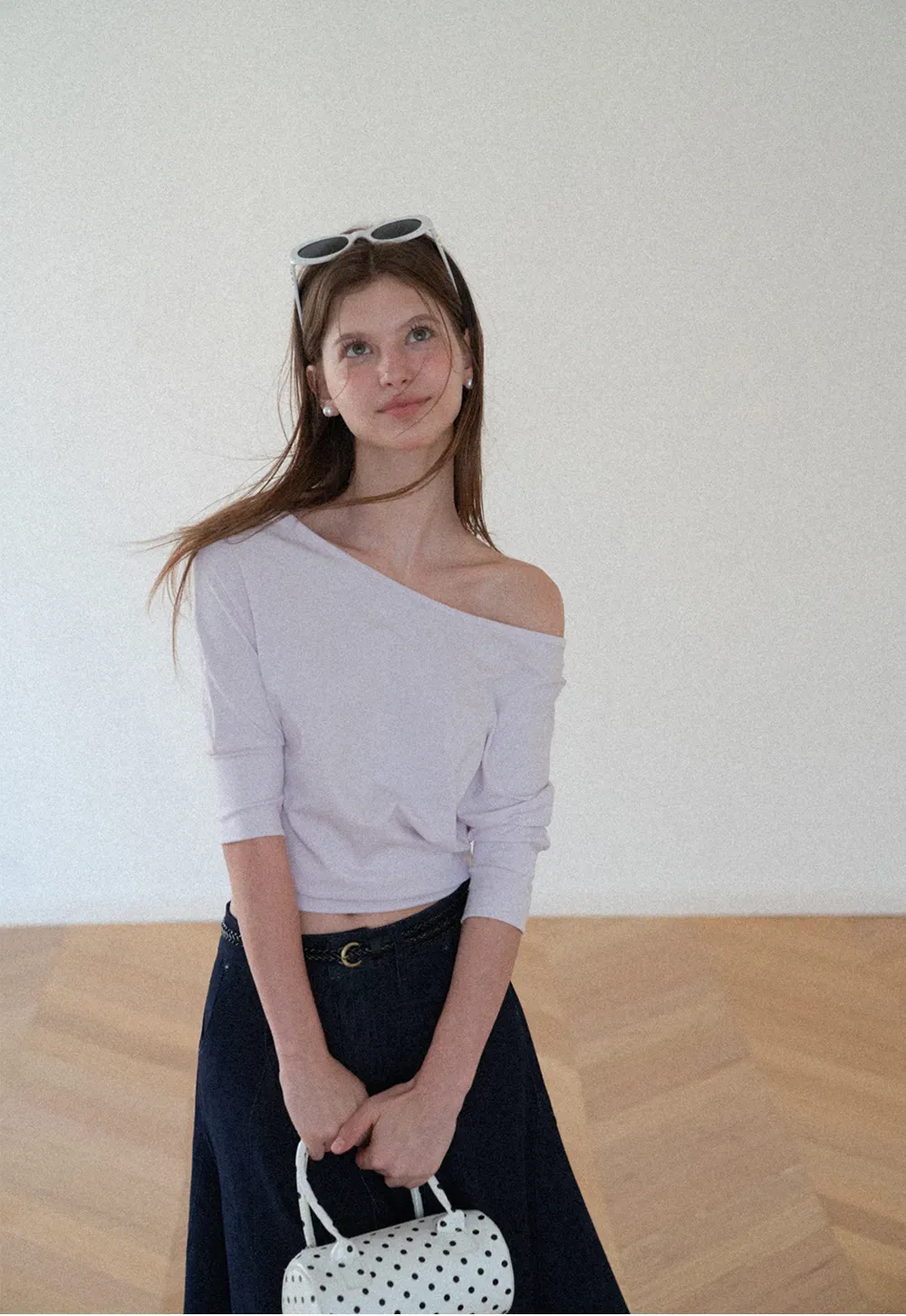 Off Shoulder Cropped Ribbed Knit T Shirt