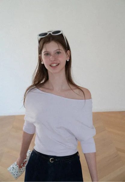 Off Shoulder Cropped Ribbed Knit T Shirt