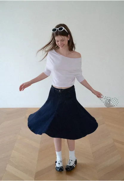 Off Shoulder Cropped Ribbed Knit T Shirt
