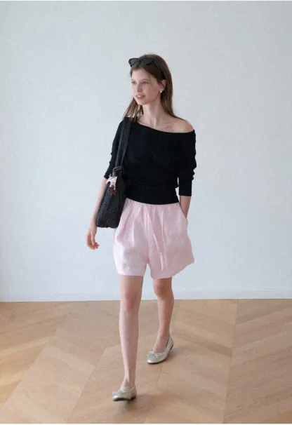 Off Shoulder Cropped Ribbed Knit T Shirt
