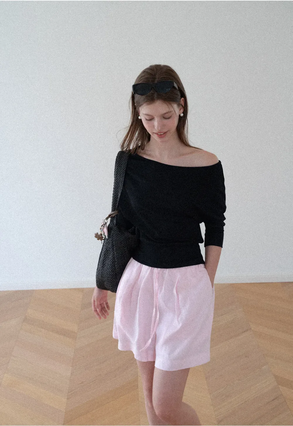 Off Shoulder Cropped Ribbed Knit T Shirt
