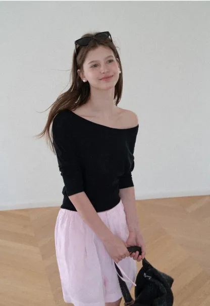Off Shoulder Cropped Ribbed Knit T Shirt