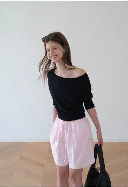 Off Shoulder Cropped Ribbed Knit T Shirt