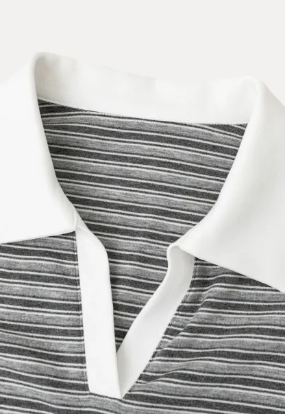 Striped Ribbed Knit Collared Short Sleeve T Shirt
