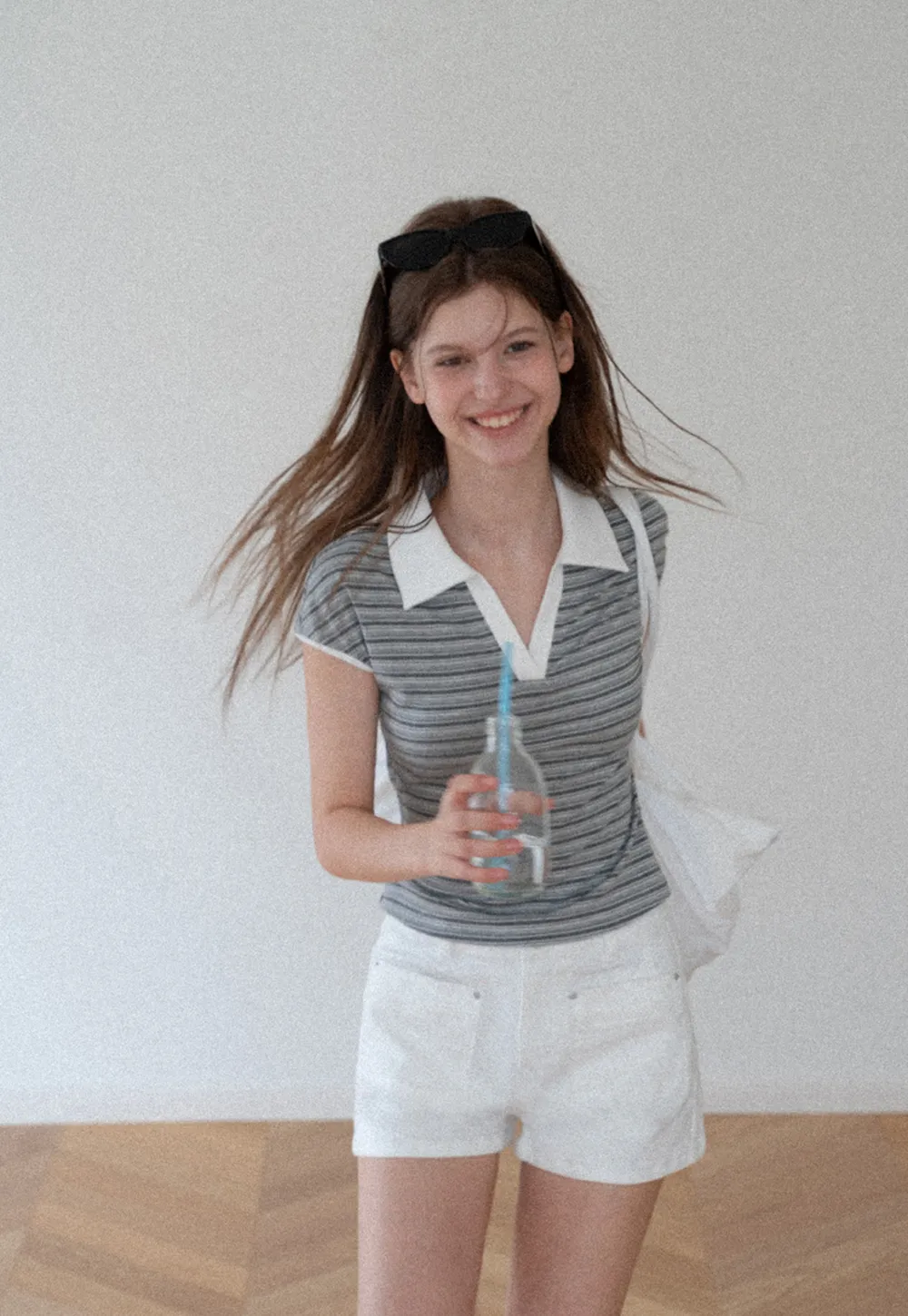 Striped Ribbed Knit Collared Short Sleeve T Shirt