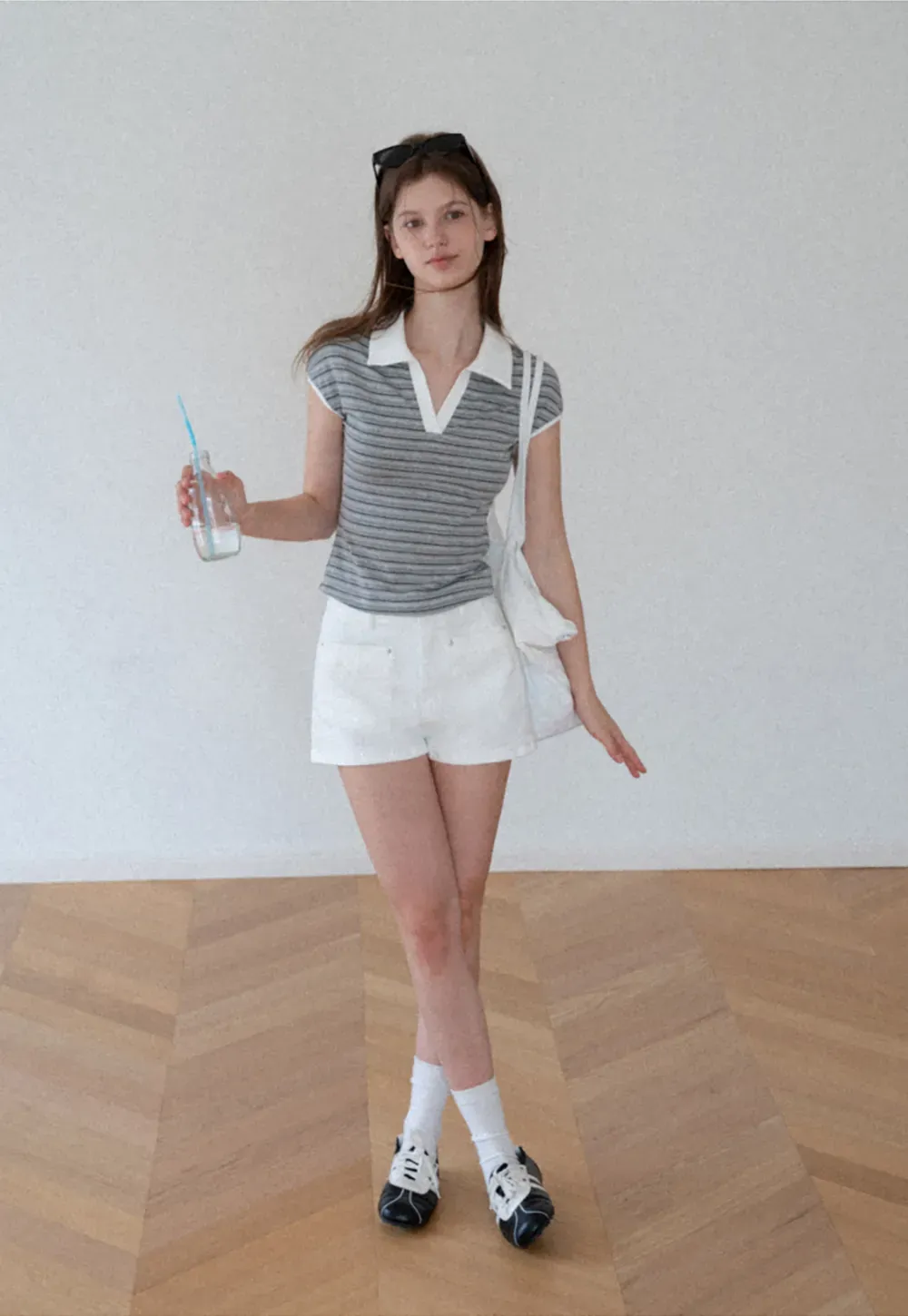 Striped Ribbed Knit Collared Short Sleeve T Shirt