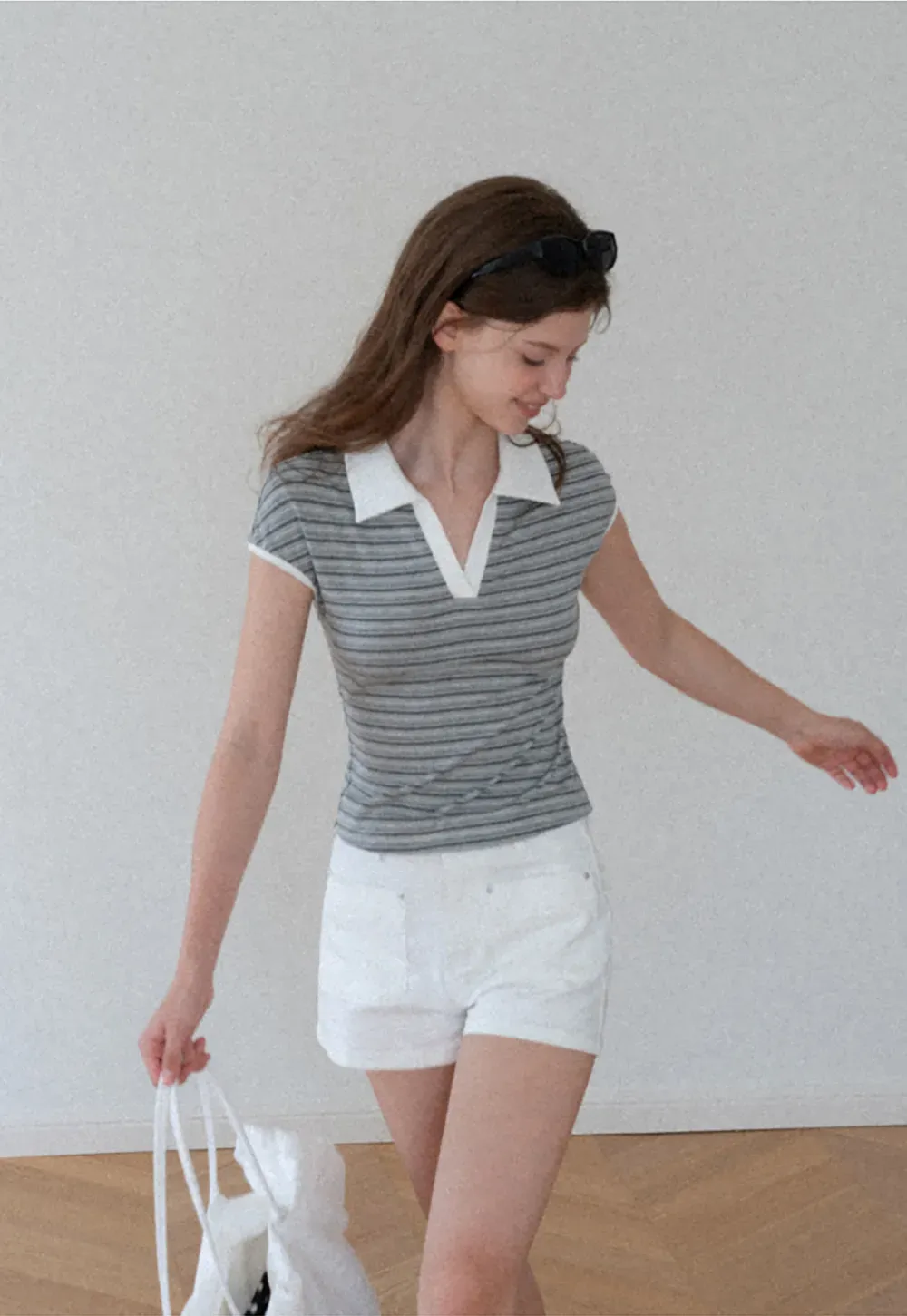 Striped Ribbed Knit Collared Short Sleeve T Shirt