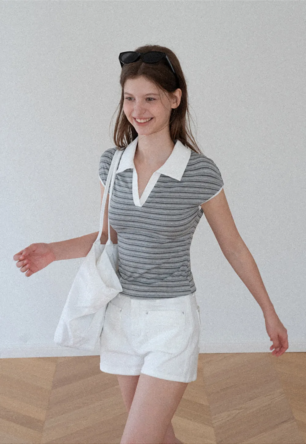 Striped Ribbed Knit Collared Short Sleeve T Shirt