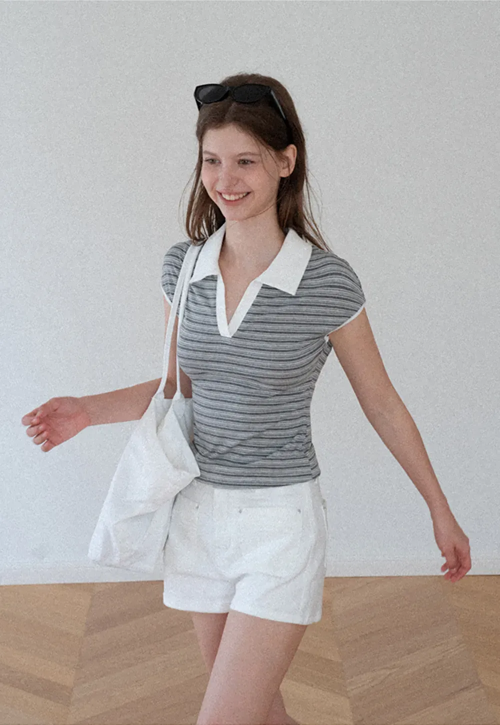 Striped Ribbed Knit Collared Short Sleeve T Shirt