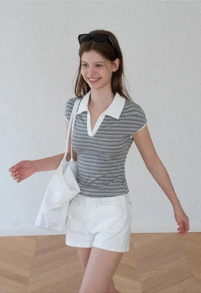 Striped Ribbed Knit Collared Short Sleeve T Shirt
