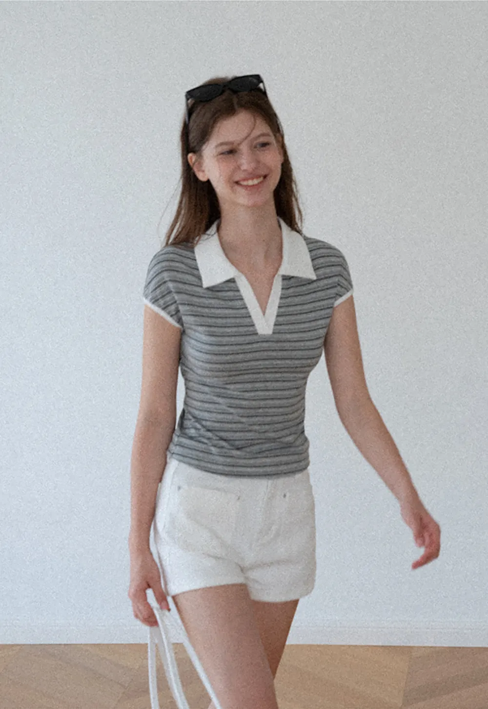 Striped Ribbed Knit Collared Short Sleeve T Shirt