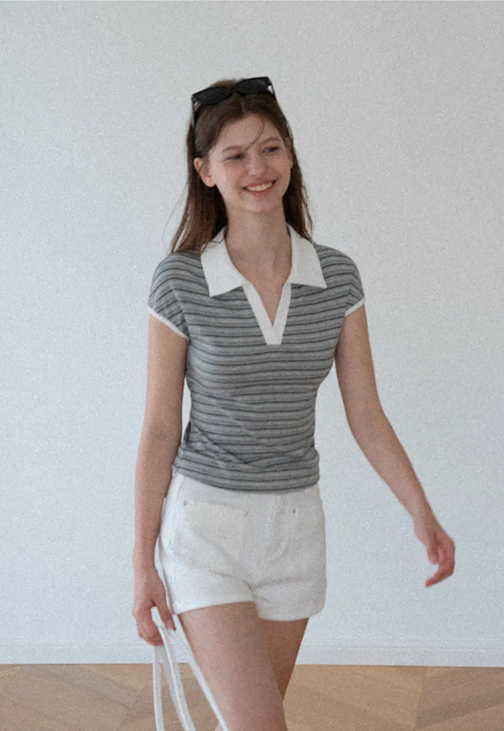 Striped Ribbed Knit Collared Short Sleeve T Shirt