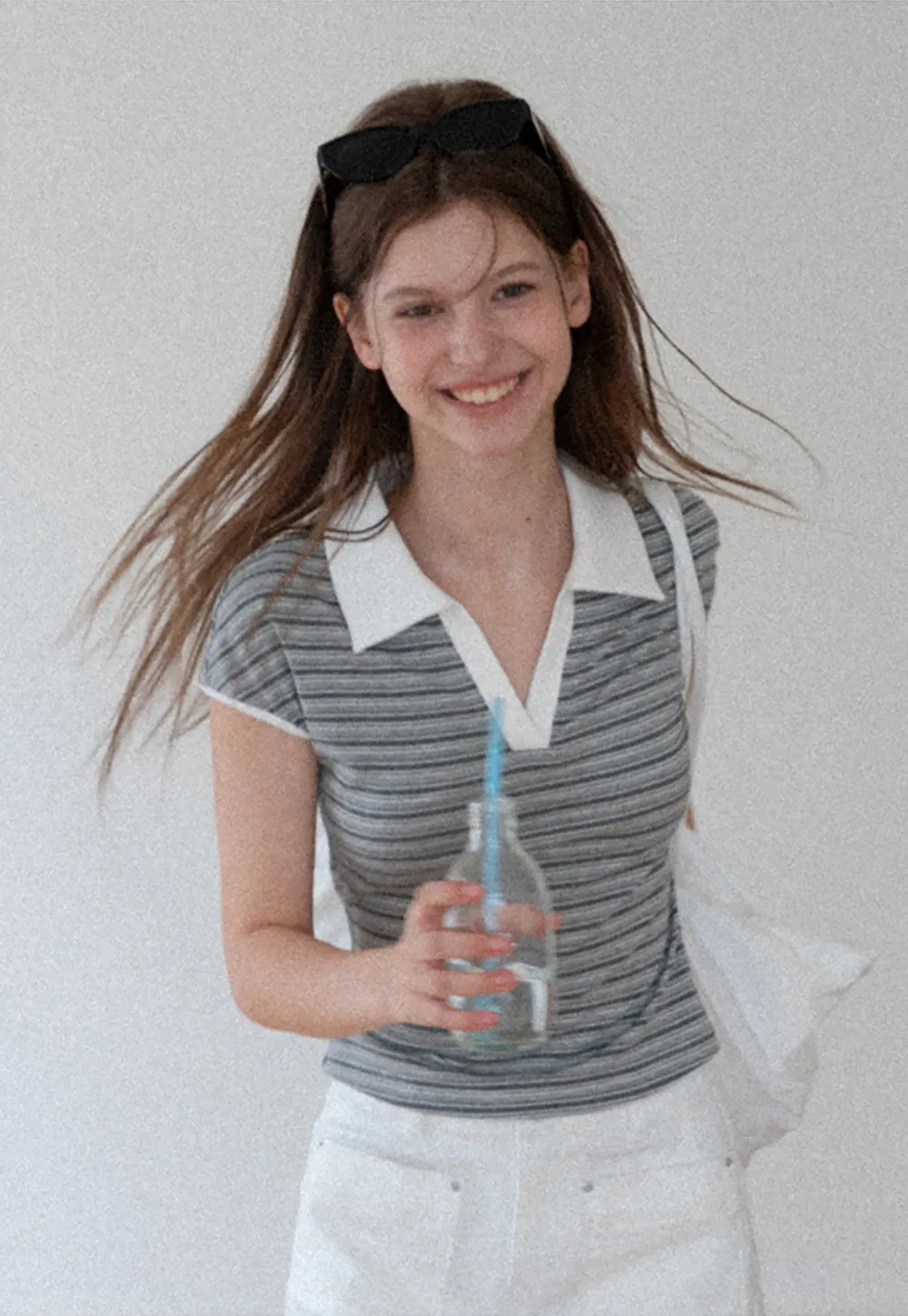 Striped Ribbed Knit Collared Short Sleeve T Shirt