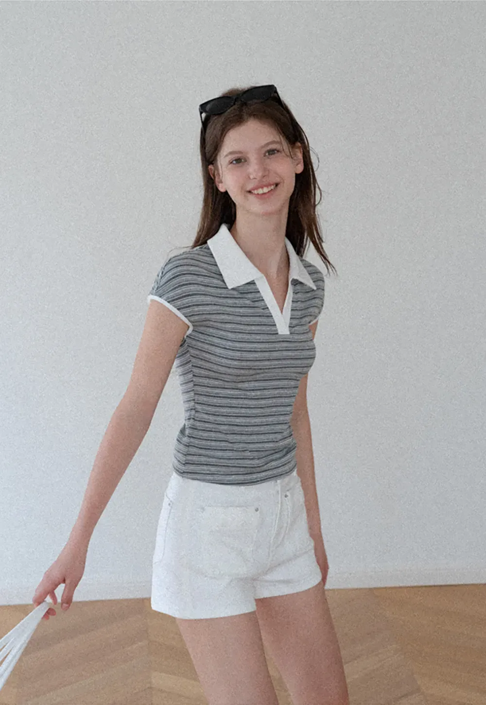 Striped Ribbed Knit Collared Short Sleeve T Shirt