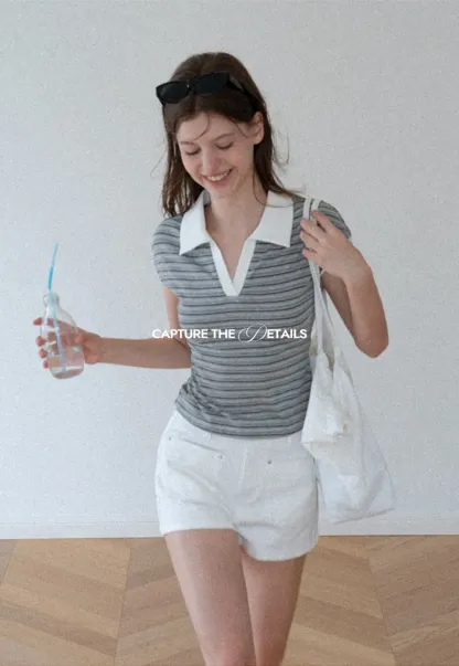 Striped Ribbed Knit Collared Short Sleeve T Shirt