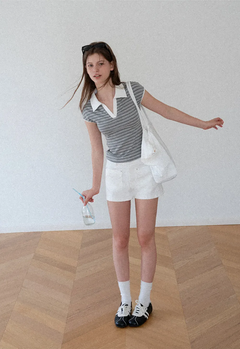 Striped Ribbed Knit Collared Short Sleeve T Shirt