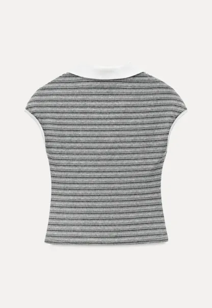Striped Ribbed Knit Collared Short Sleeve T Shirt