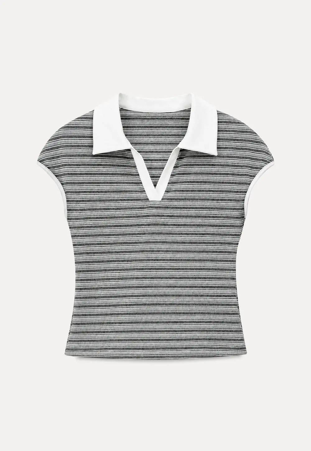 Striped Ribbed Knit Collared Short Sleeve T Shirt