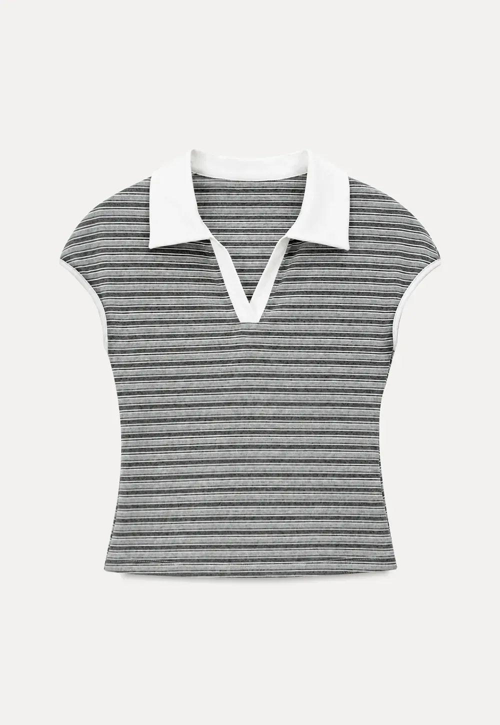 Striped Ribbed Knit Collared Short Sleeve T Shirt