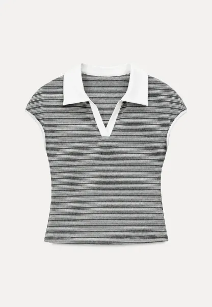 Striped Ribbed Knit Collared Short Sleeve T Shirt