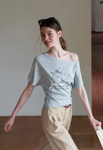 Asymmetrical Neckline Graphic Print T-shirt