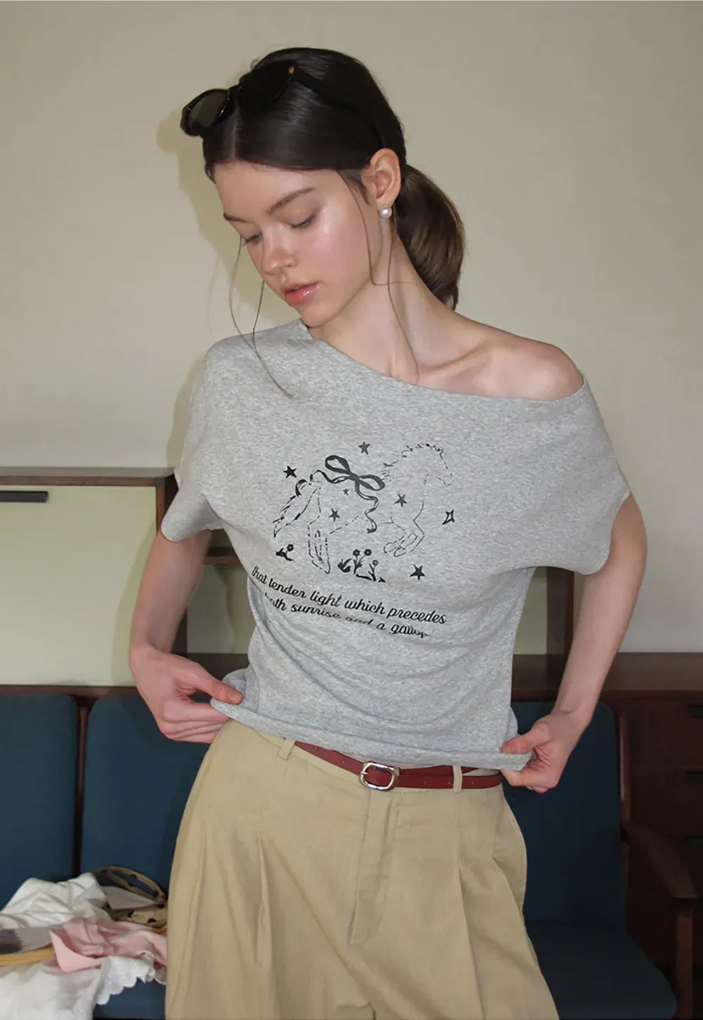 Asymmetrical Neckline Graphic Print T-shirt