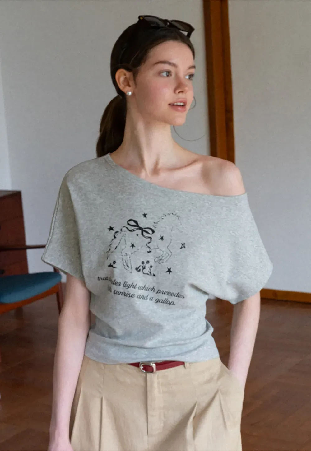 Asymmetrical Neckline Graphic Print T-shirt