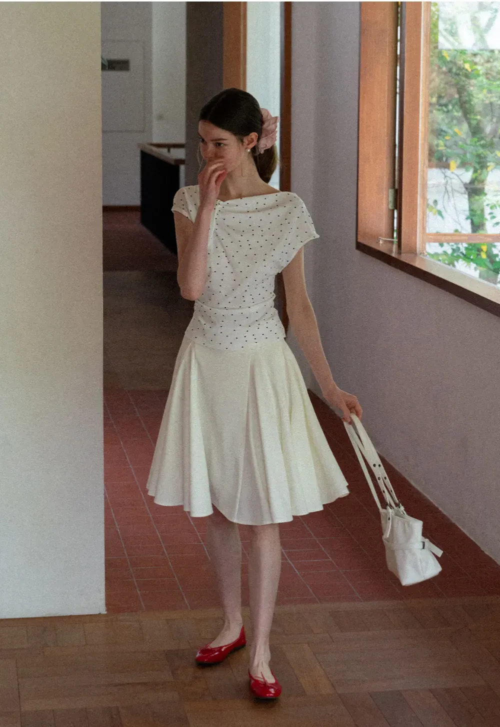 Polka Dot Print Cap Sleeve Fitted Top