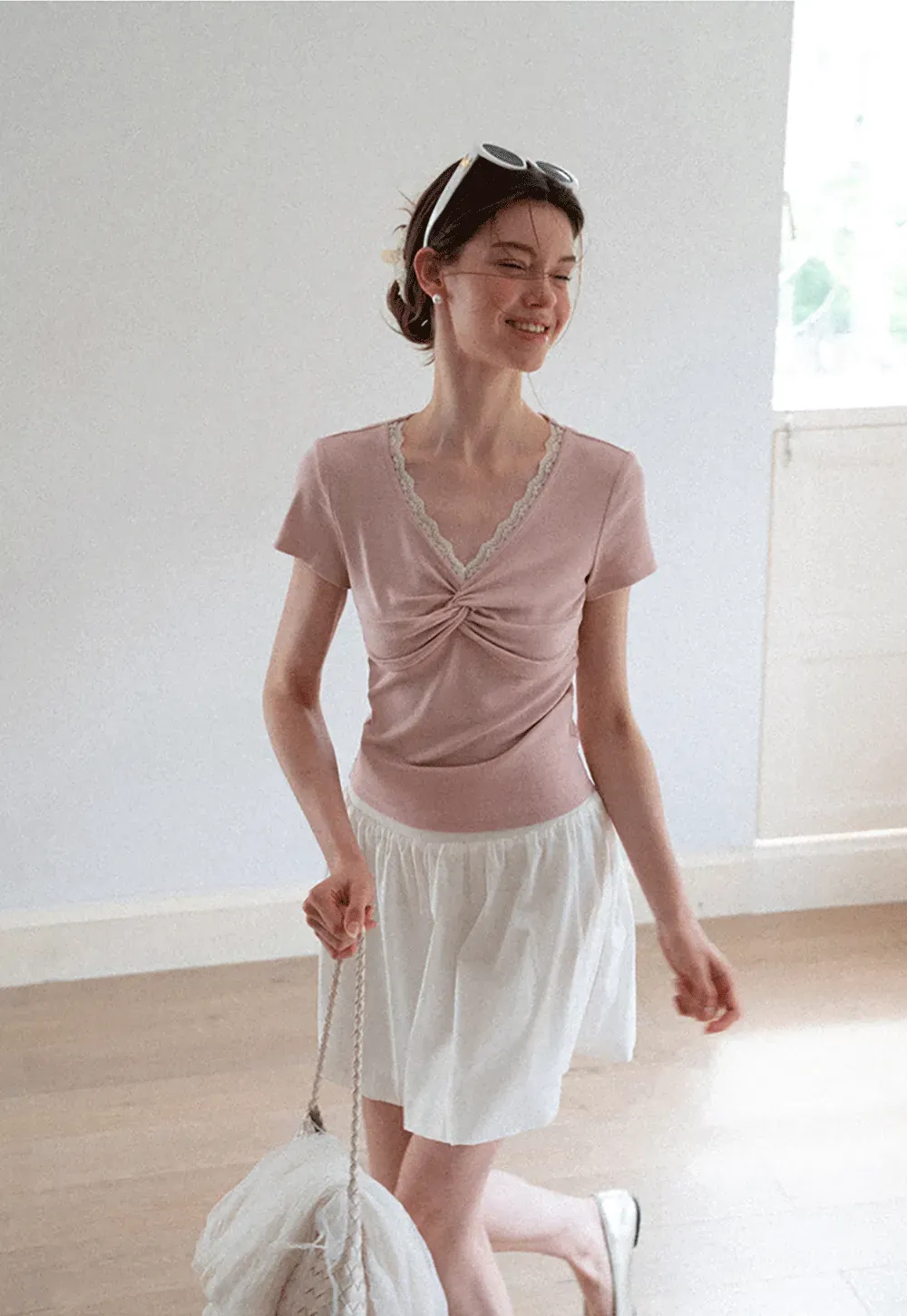 Lace Trim V Neck Twist Front Short Sleeve T Shirt
