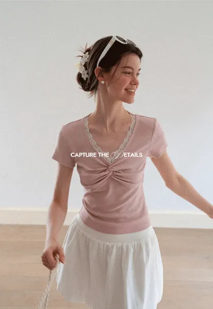 Lace Trim V Neck Twist Front Short Sleeve T Shirt