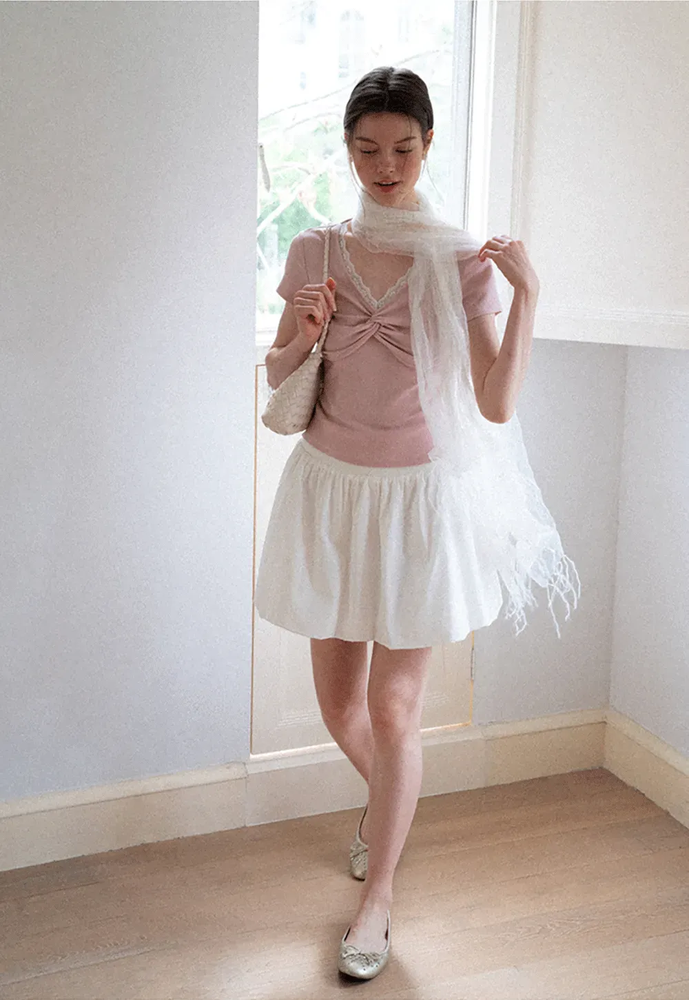Lace Trim V Neck Twist Front Short Sleeve T Shirt