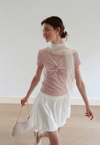 Lace Trim V Neck Twist Front Short Sleeve T Shirt