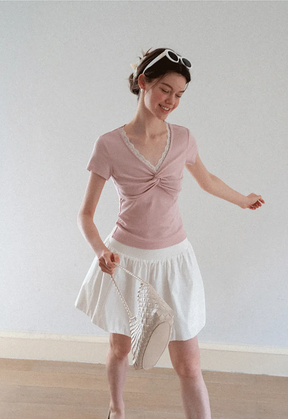 Lace Trim V Neck Twist Front Short Sleeve T Shirt