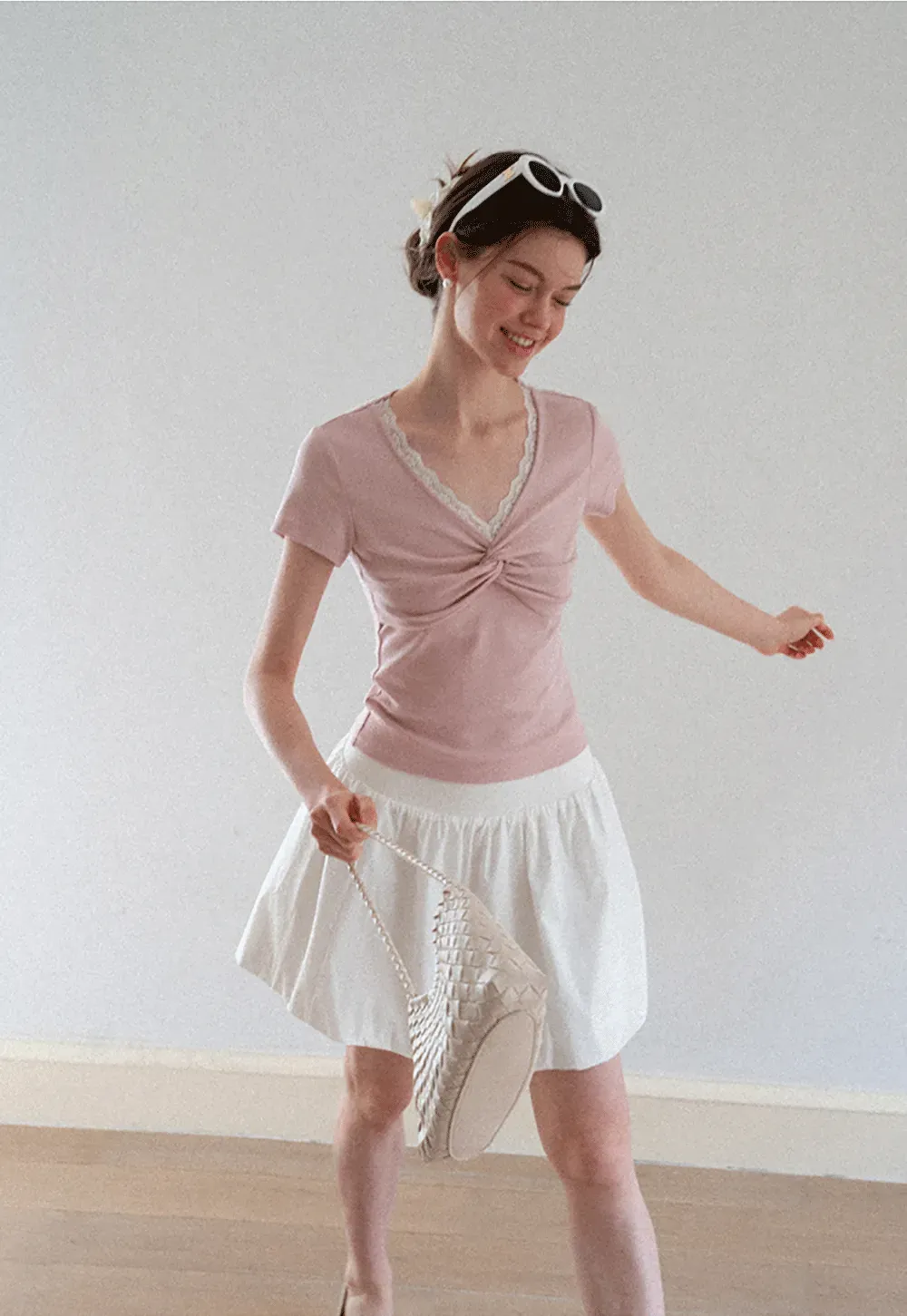 Lace Trim V Neck Twist Front Short Sleeve T Shirt