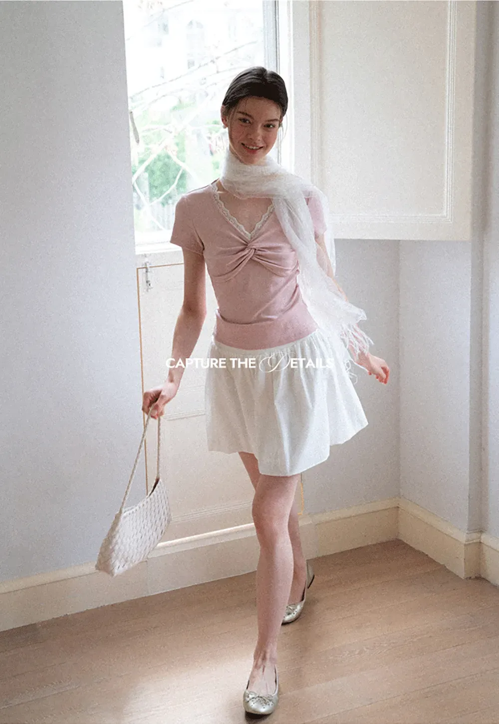 Lace Trim V Neck Twist Front Short Sleeve T Shirt