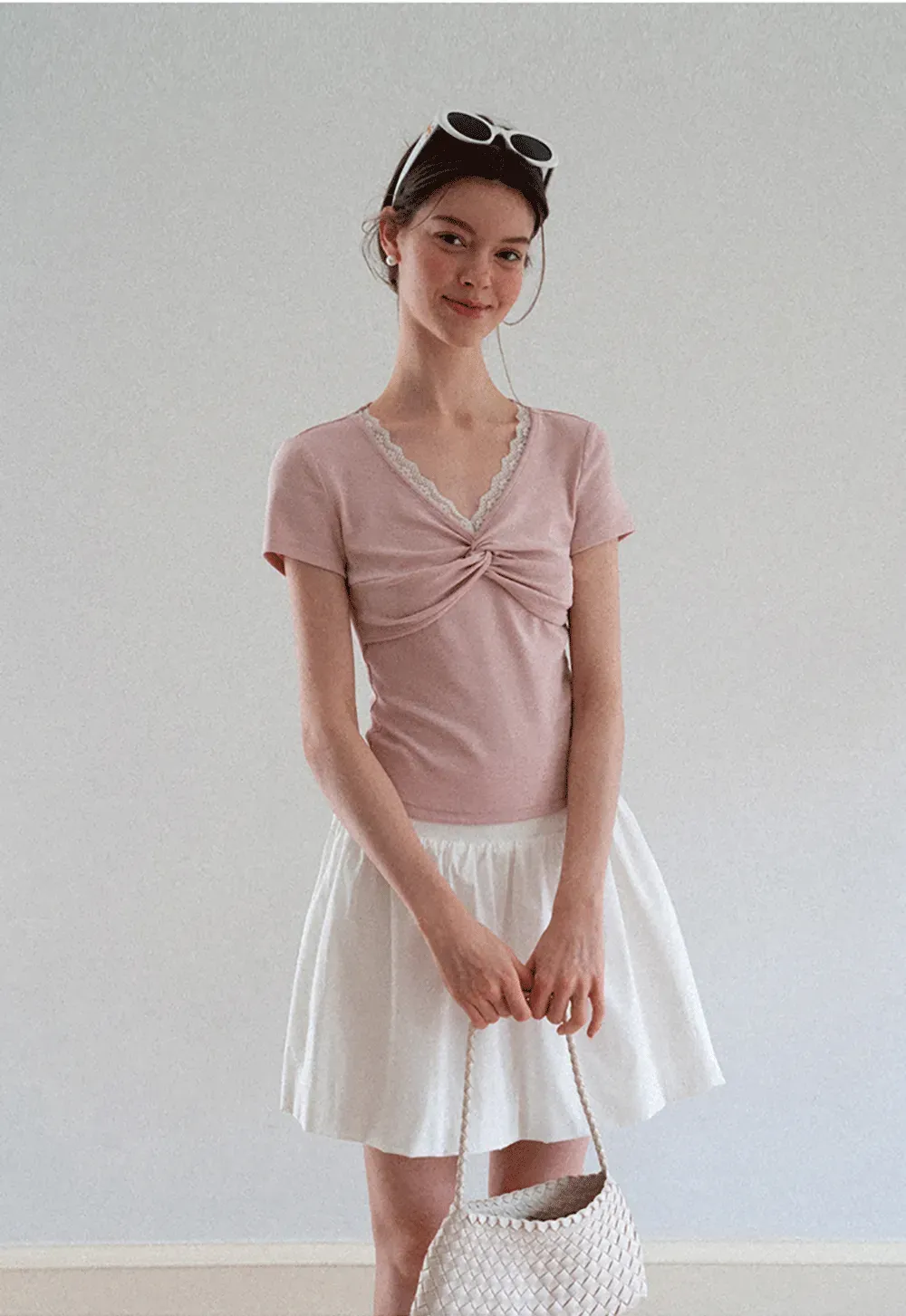 Lace Trim V Neck Twist Front Short Sleeve T Shirt