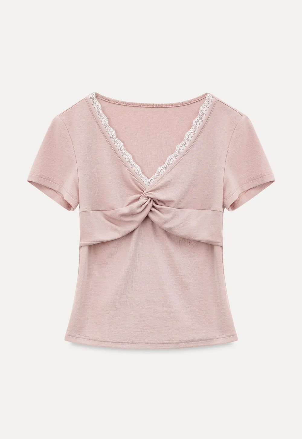 Lace Trim V Neck Twist Front Short Sleeve T Shirt