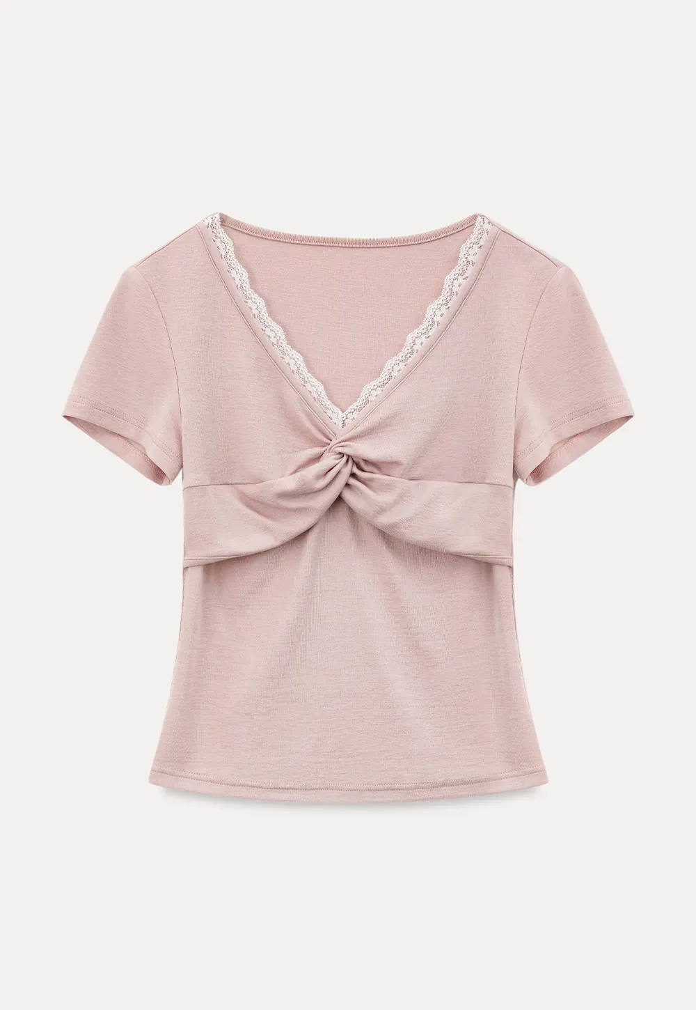 Lace Trim V Neck Twist Front Short Sleeve T Shirt