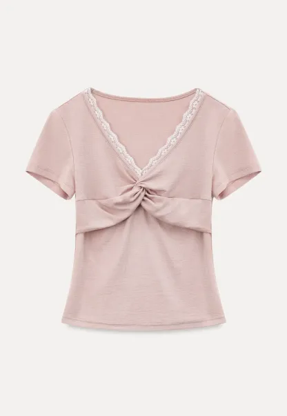 Lace Trim V Neck Twist Front Short Sleeve T Shirt
